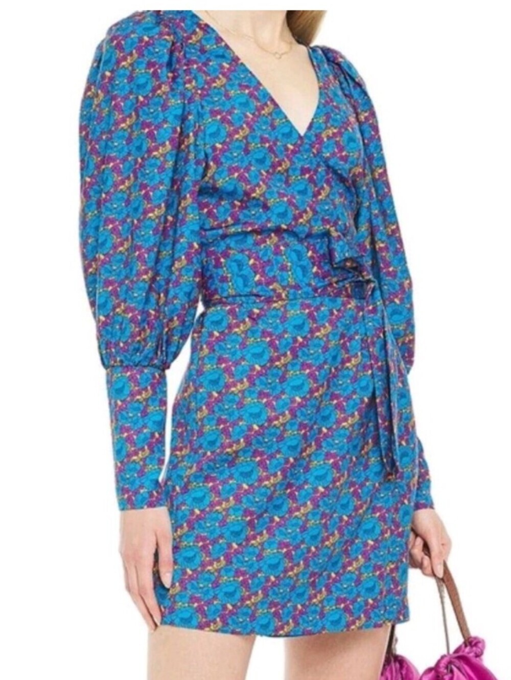 Rhode Resort Frankie Mini Wrap Dress Floral Long-Sleeve Blue XS Vacation